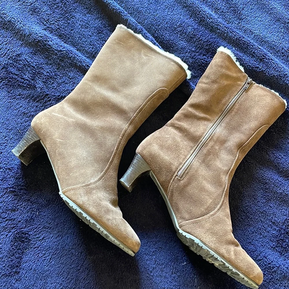 COLE HAAN BROWN MID-CALF HEELED BOOTS SHERPA LINED WITH ZIPPERS SIZE 9.5